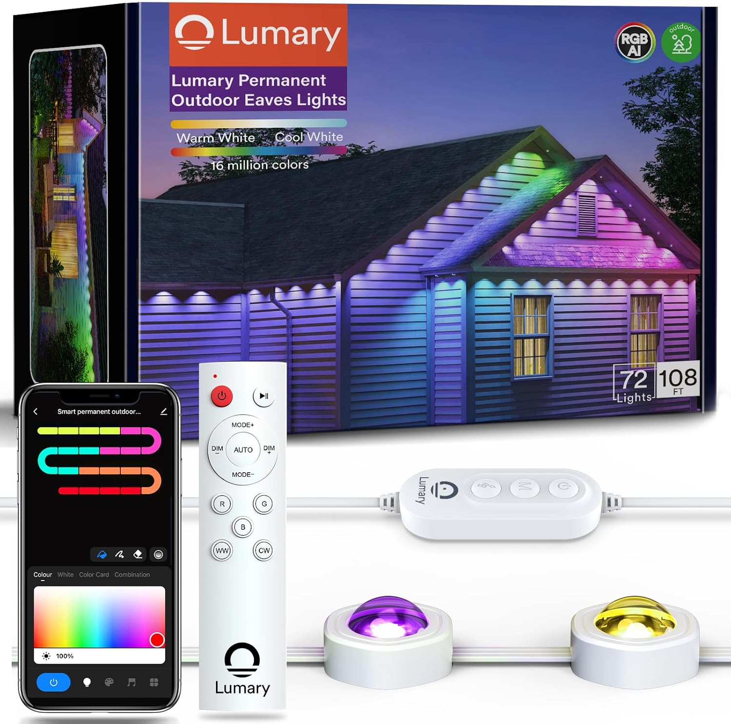 Lumary outdoor lights package with a smartphone app and remote control, featuring RGB colors.