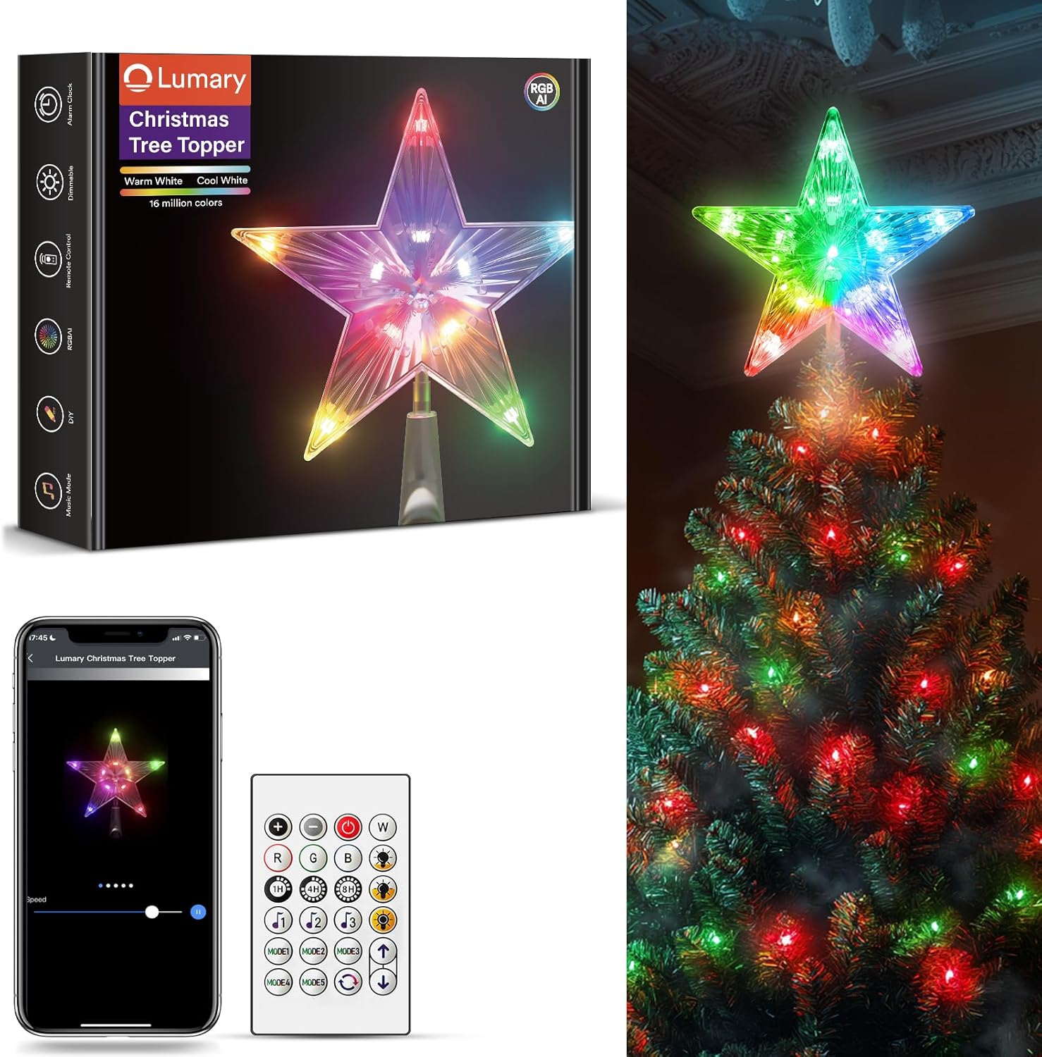 Lumary Christmas tree star topper with remote and colorful lights on a tree