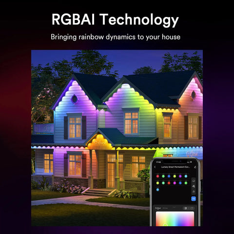 Colorful Lumary outdoor lights illuminating house with smartphone app display.