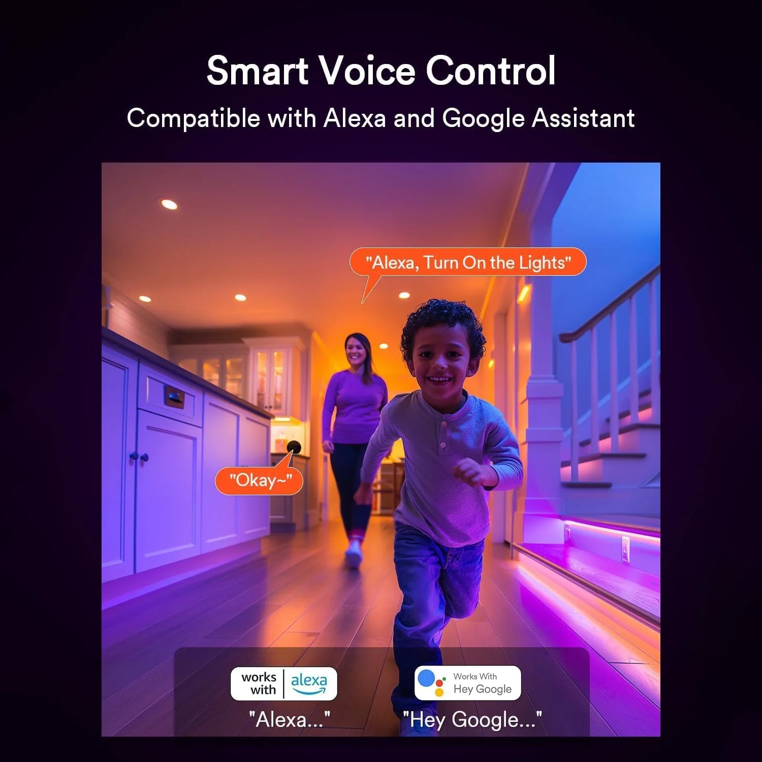 Child running in a home with smart lighting controlled by voice commands.