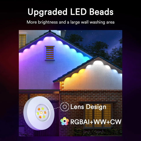 Lumary eaves lights with upgraded LED beads showcasing rich colors on a home exterior.