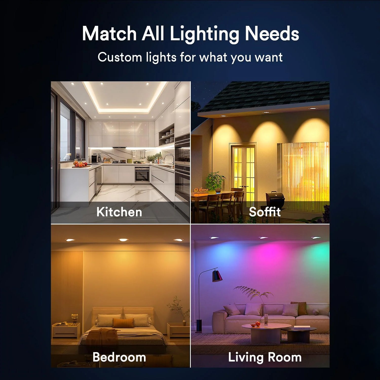 Customizable Lumary lighting shown in kitchen, bedroom, soffit, and living room scenes.