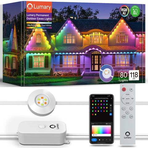 Lumary Permanent Outdoor Eaves Lights with a remote and smartphone app display.