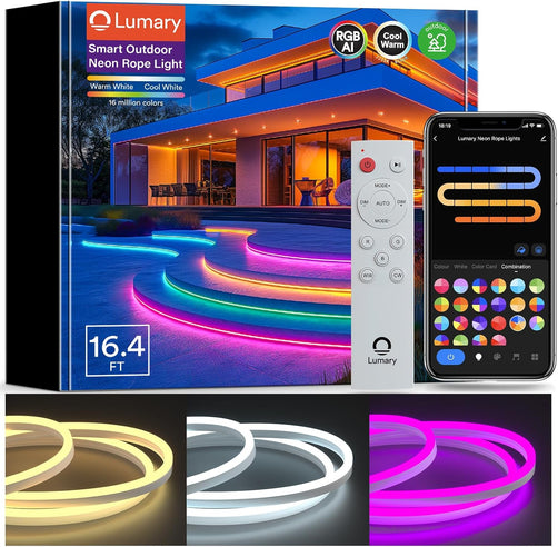 Lumary Smart Outdoor Neon Rope Light 16.4ft with remote and vibrant color display