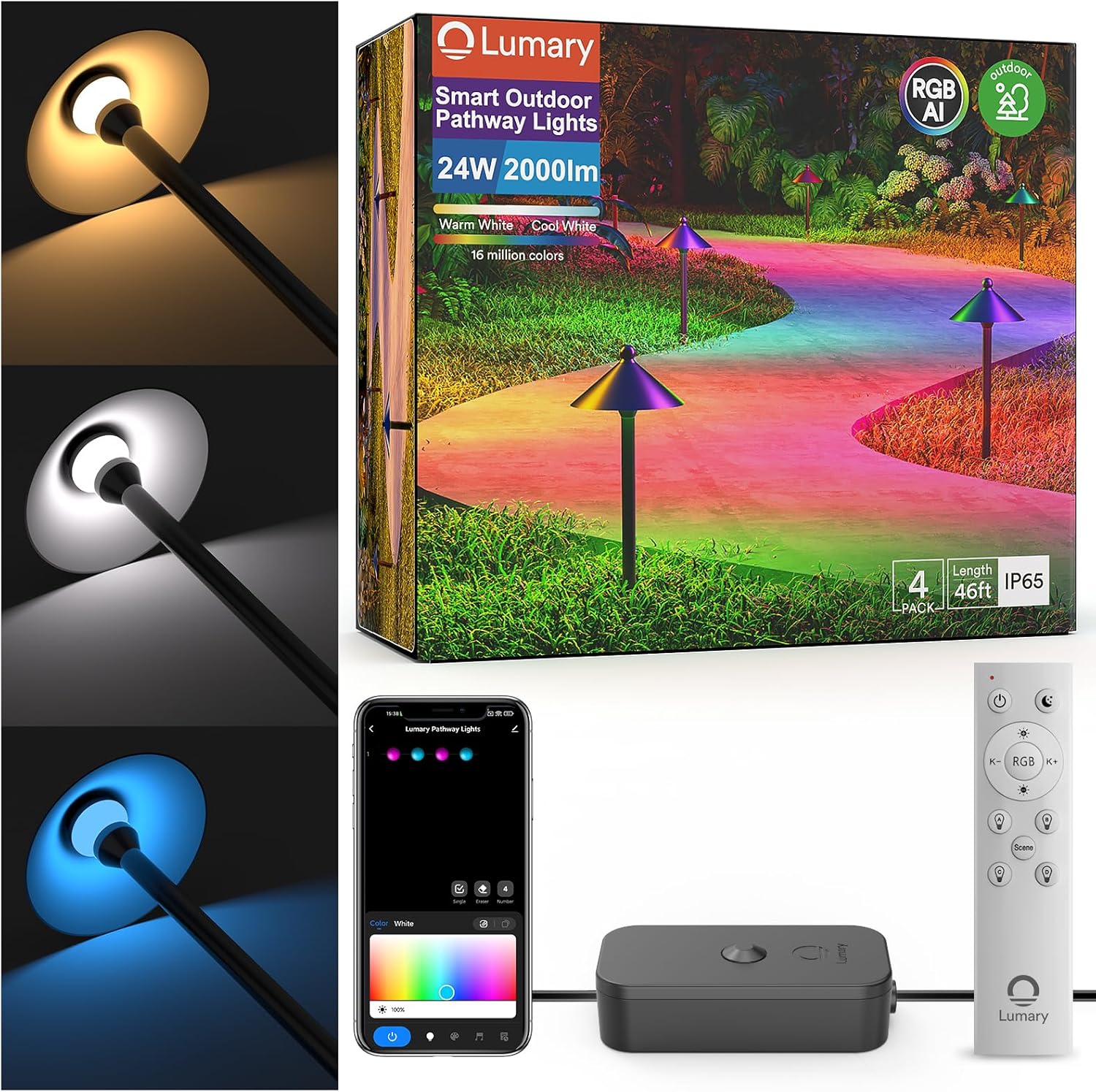 Lumary smart outdoor pathway lights box with 4 lights, remote, and app control