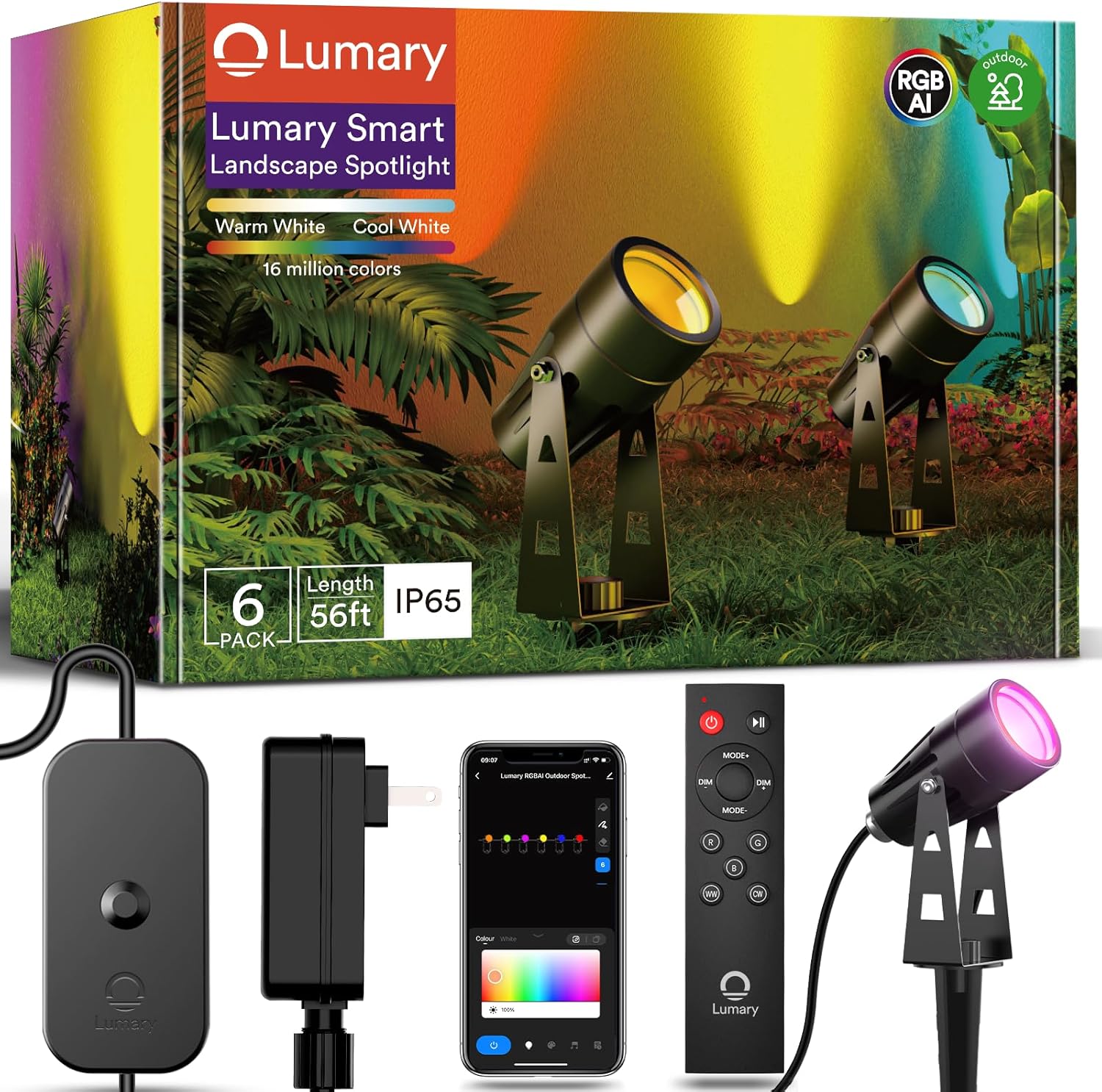 Lumary Smart Landscape Spotlight 6-pack with remote and app control for outdoor lighting