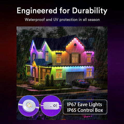 Durable Lumary outdoor eaves lights shining on a house in rain with colorful display.