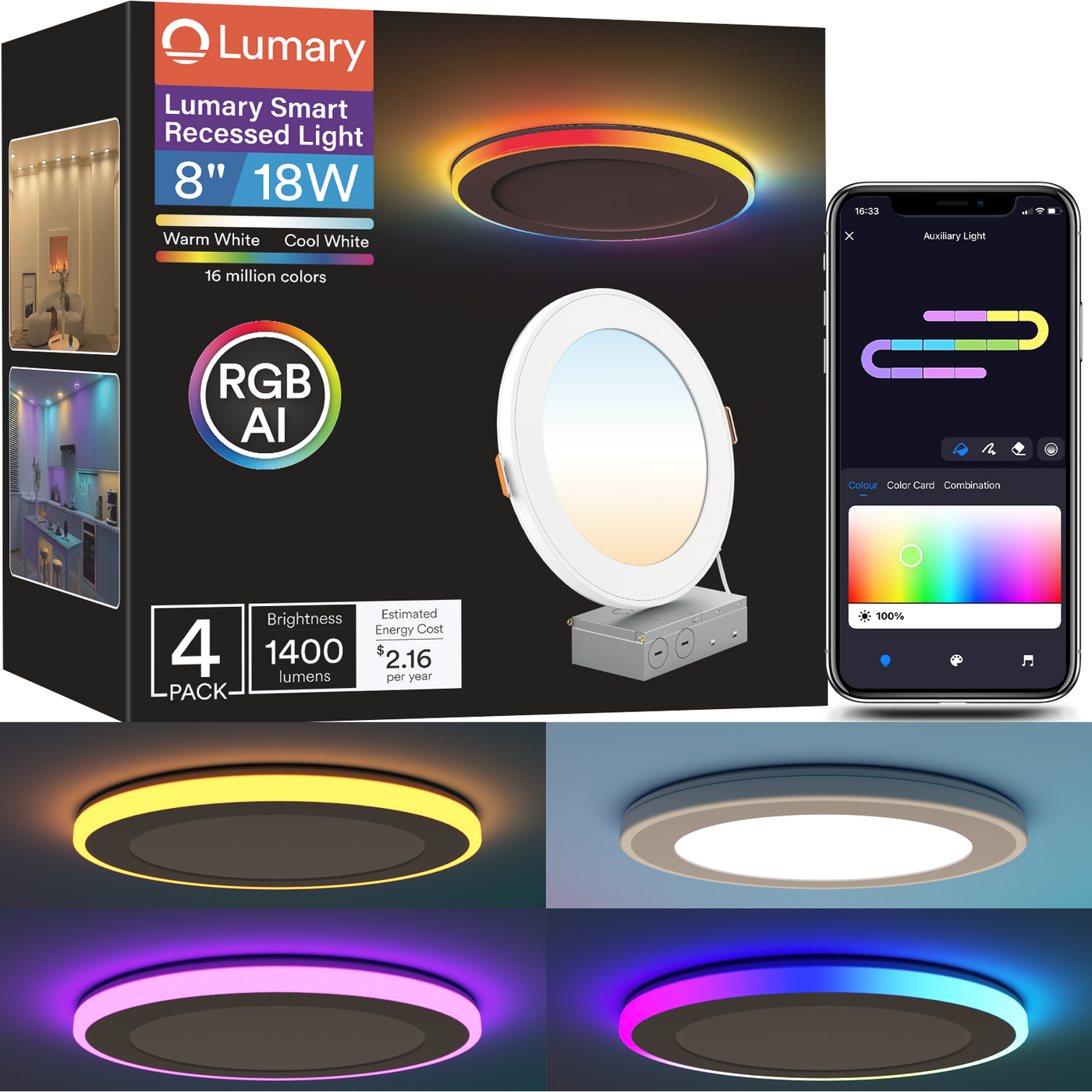 Lumary Smart RGBAI Recessed Light with Gradient Auxiliary Night Light