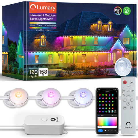 Lumary Max outdoor eaves lights in vibrant colors with remote and app control.