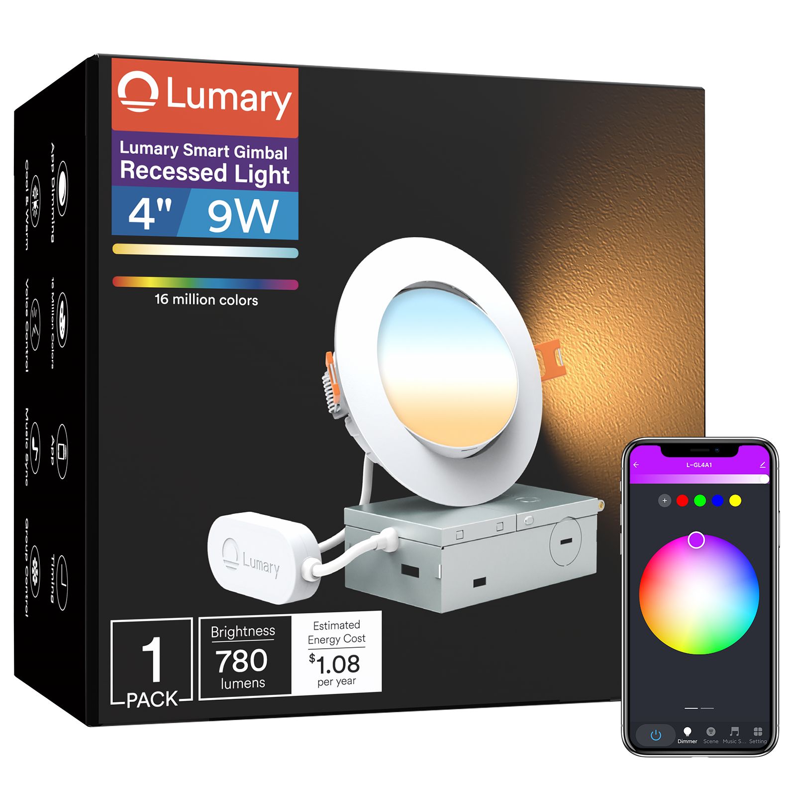 Lumary Smart Gimbal Recessed Light with app, 16 million colors, 780 lumens.