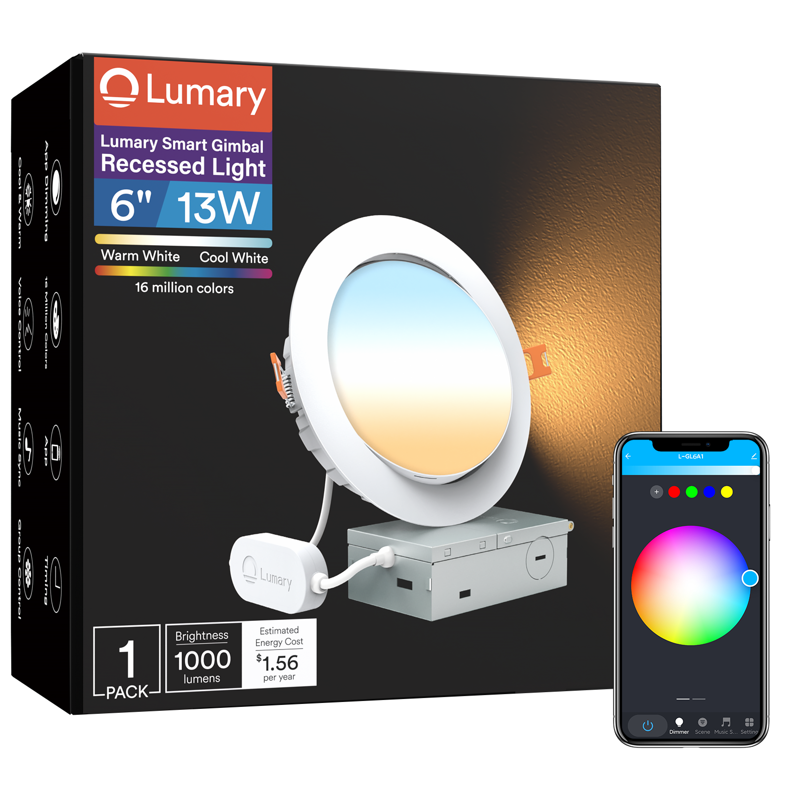 Lumary Smart Gimbal Recessed Light packaging with app control features.