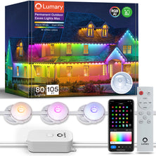 Lumary Max outdoor eaves lights with color control app and remote, showcasing vibrant RGB colors.