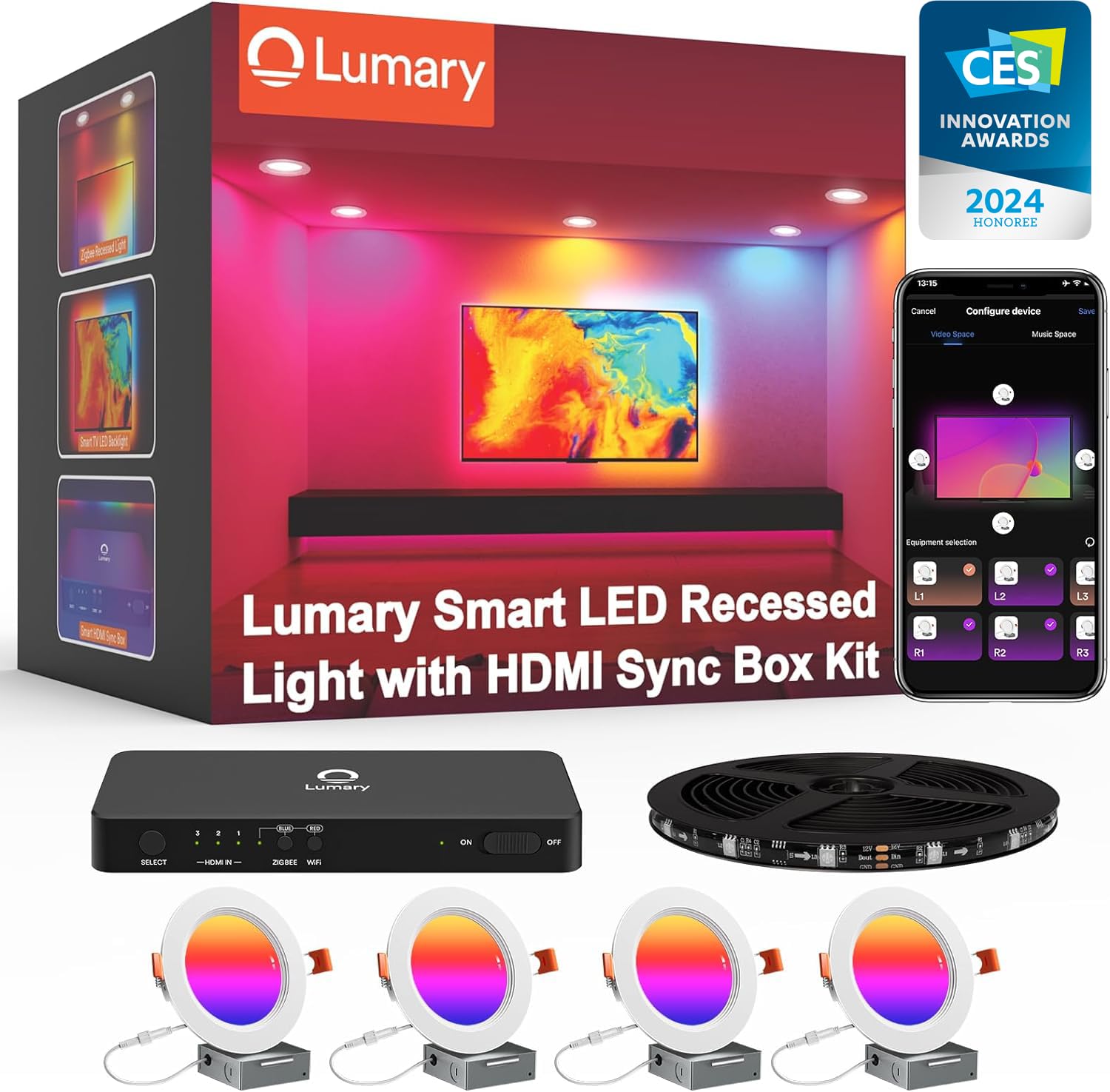 Lumary Smart LED Recessed Light Kit with HDMI Sync Box and color-changing lights