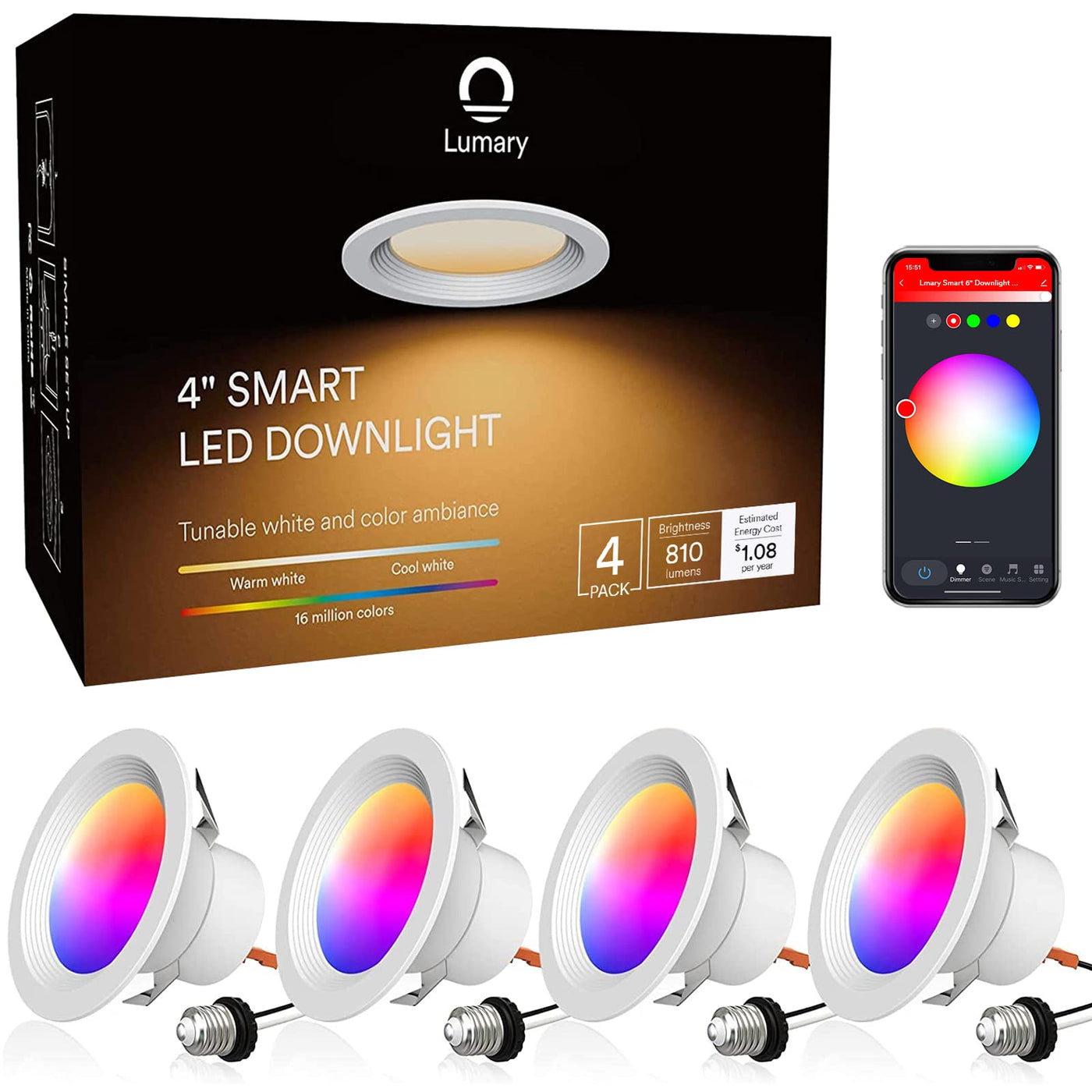 Lumary Smart Wi-Fi Recessed Can Light RGB LED Retrofit Downlight 4 inch 4 PCS