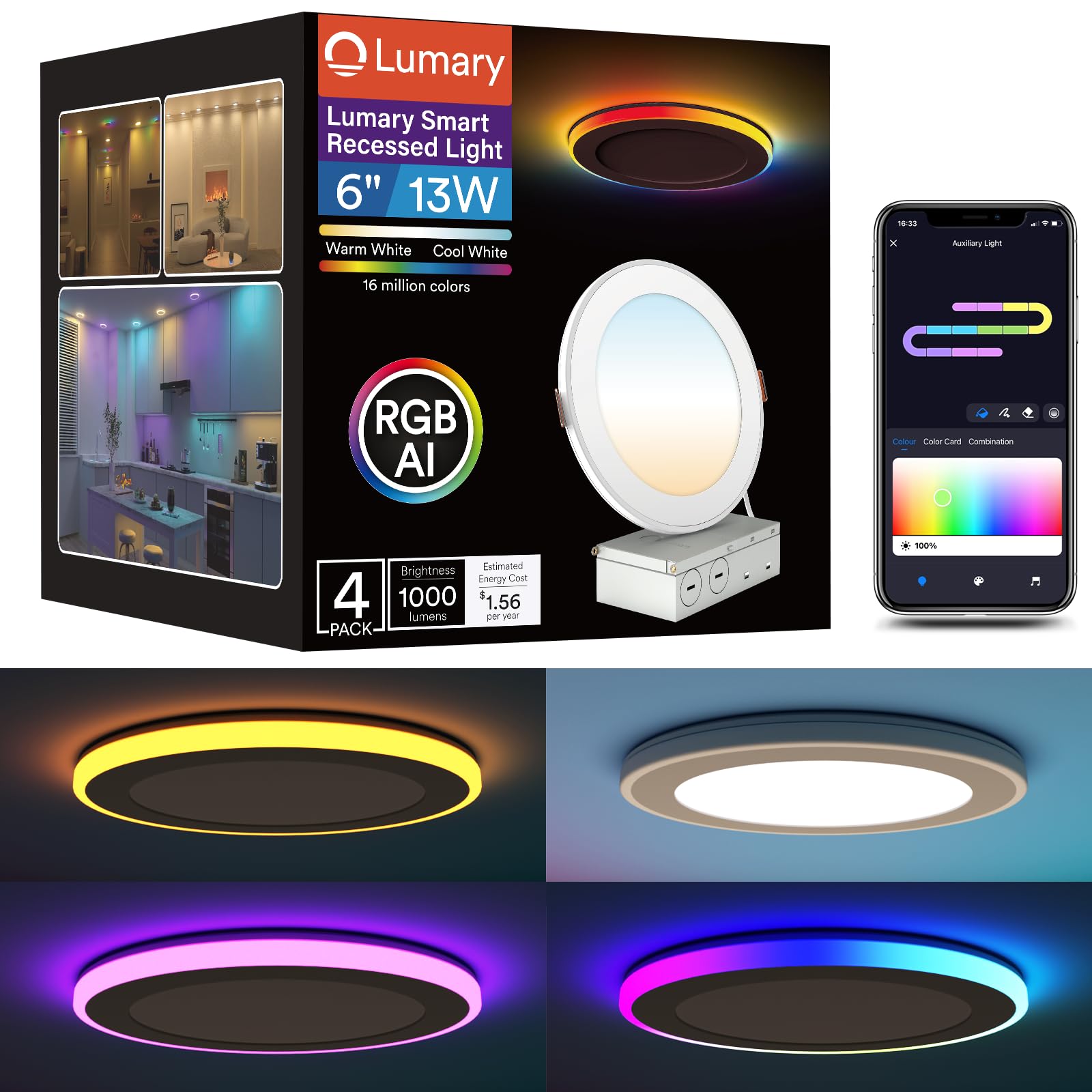 Lumary Smart RGBAI Recessed Light with Gradient Auxiliary Night Light 6 inch