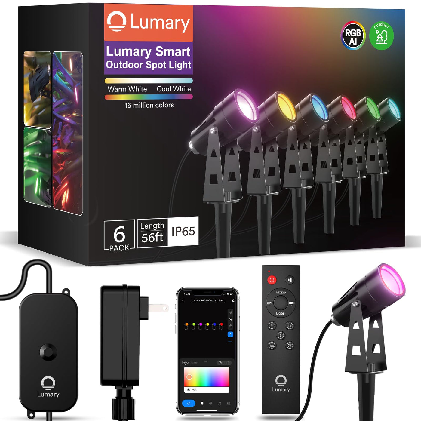 Lumary Smart LED Outdoor Landscape Lights RGBAI Outdoor Spotlight (6 Pack)