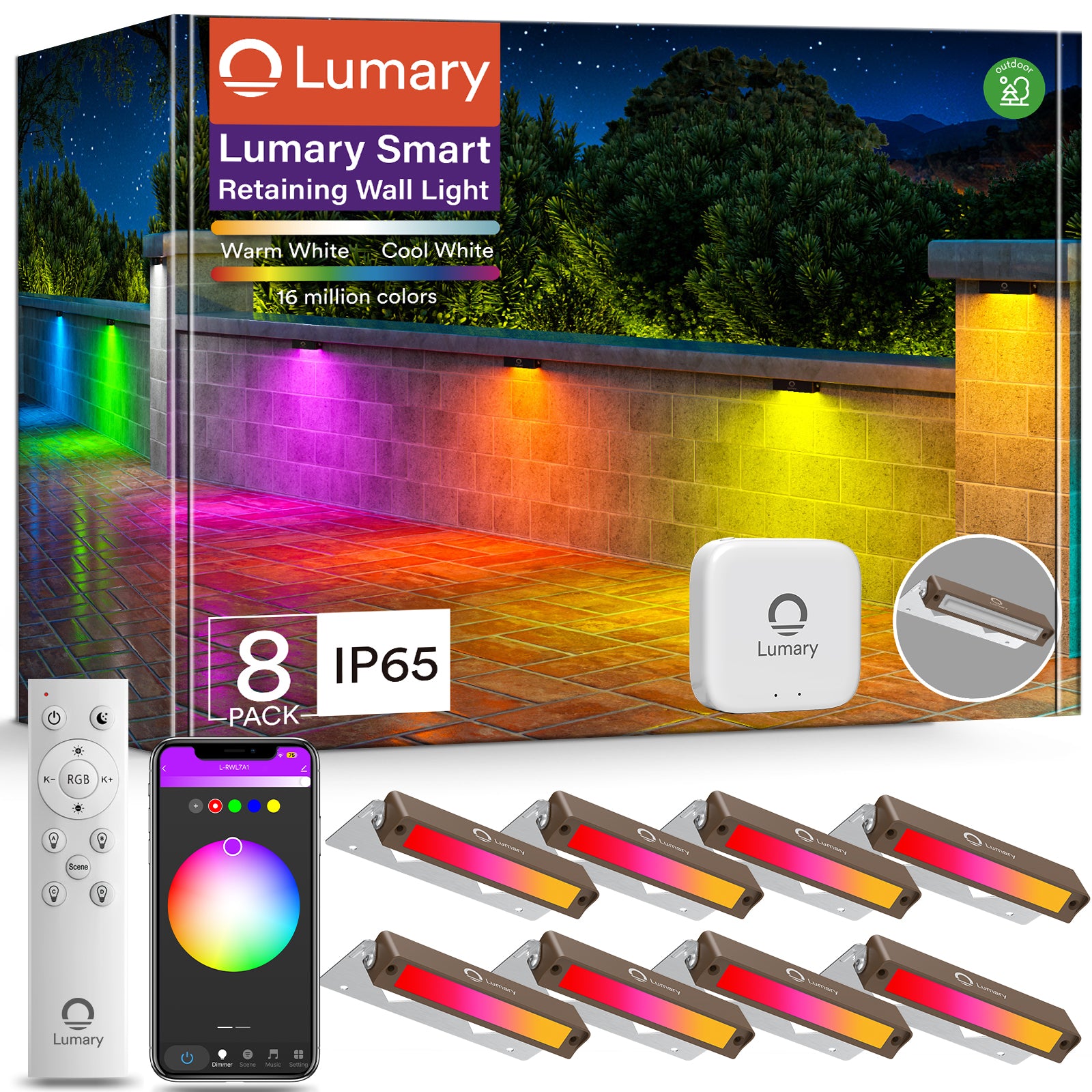 Lumary Smart Retaining Wall Light 8-Pack with remote and colorful lighting display.