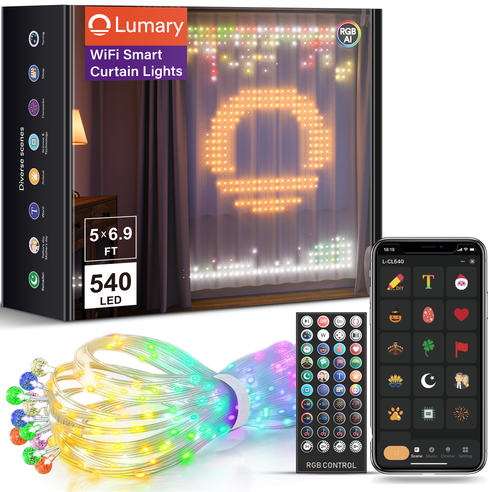 Lumary 540 LED Smart Curtain Lights packaging and remote controller display