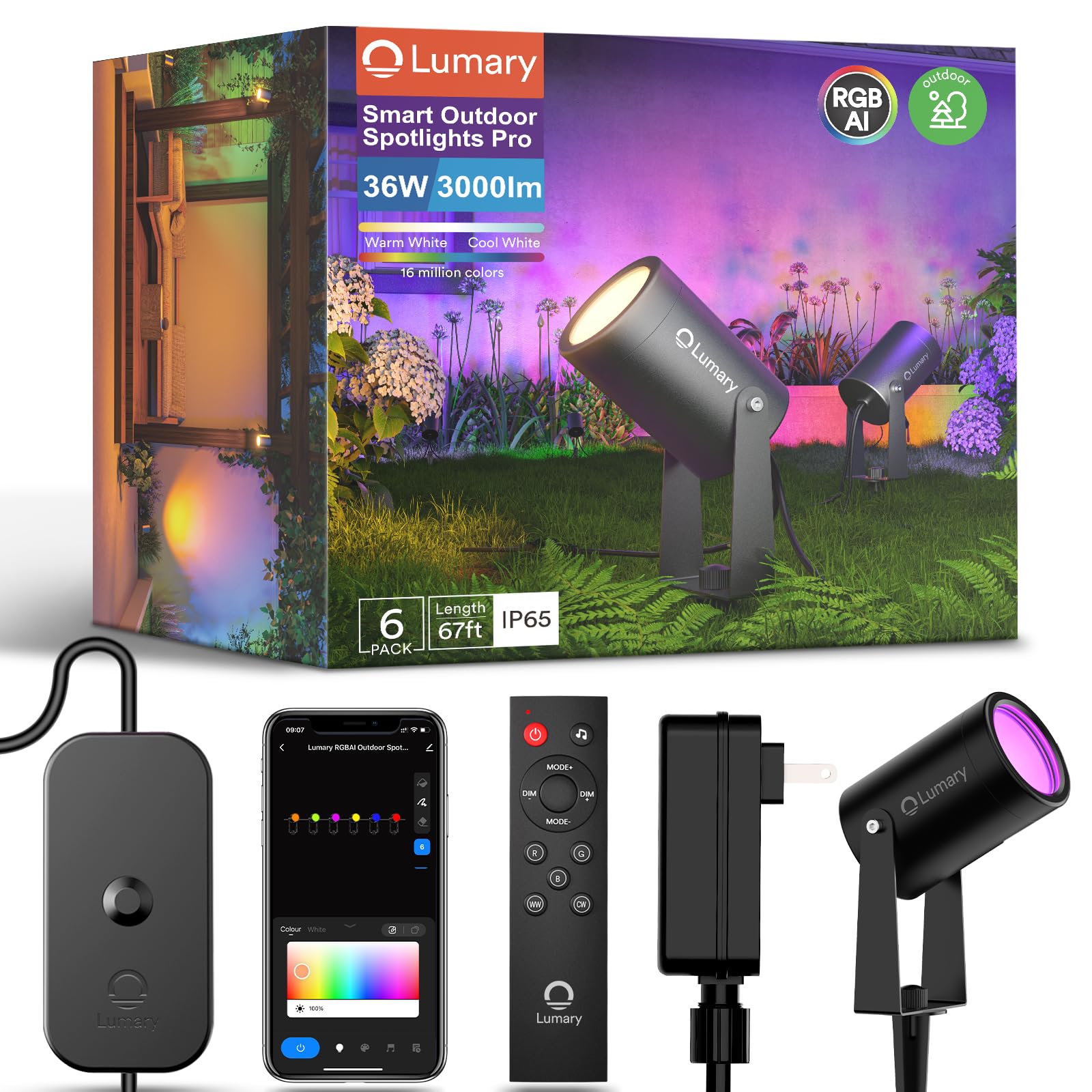 Lumary Smart Outdoor Spotlights Pro 36W RGB AI lights packaging with accessories.