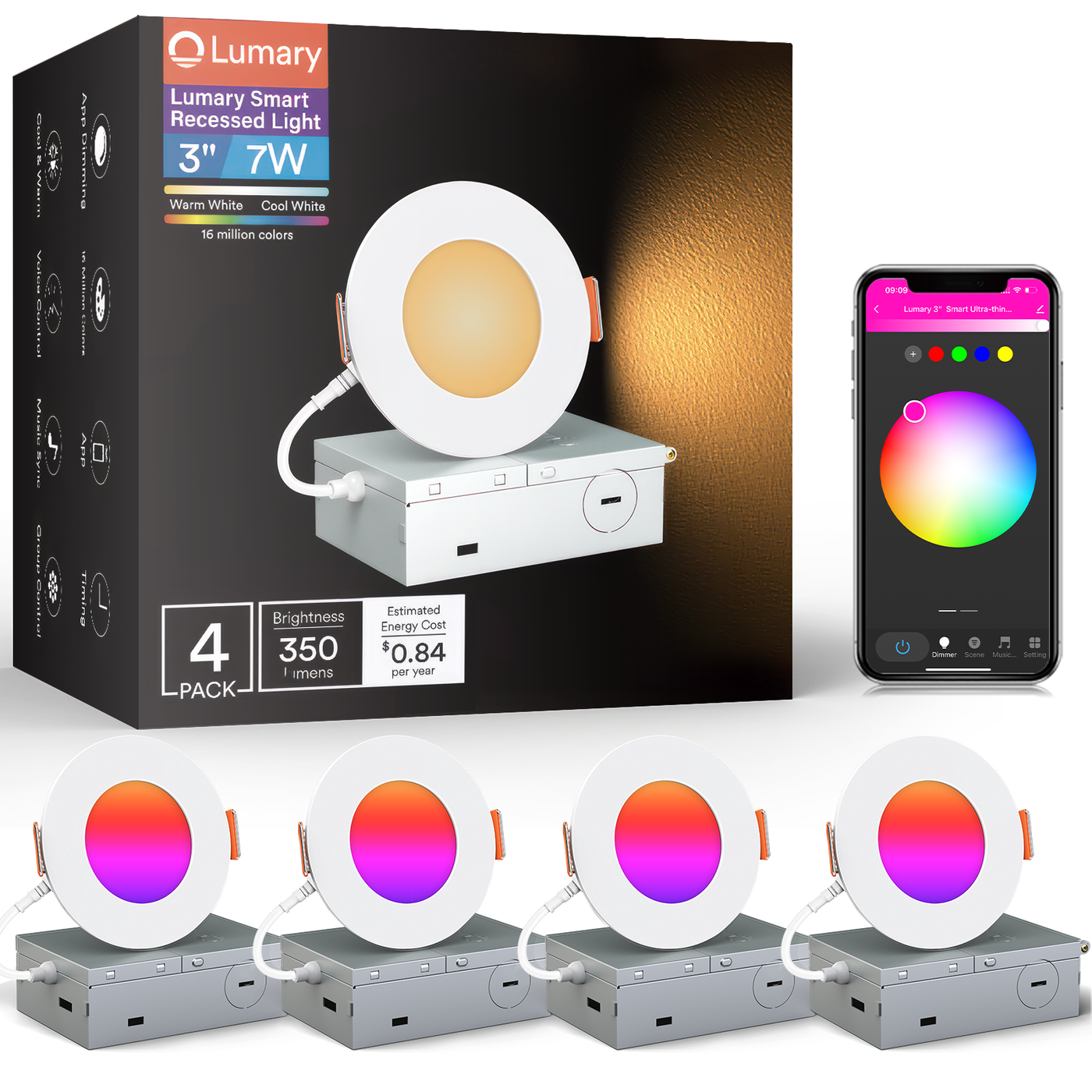 Lumary Wi-Fi Smart Canless Recessed Lighting 3 inch 4 PCS