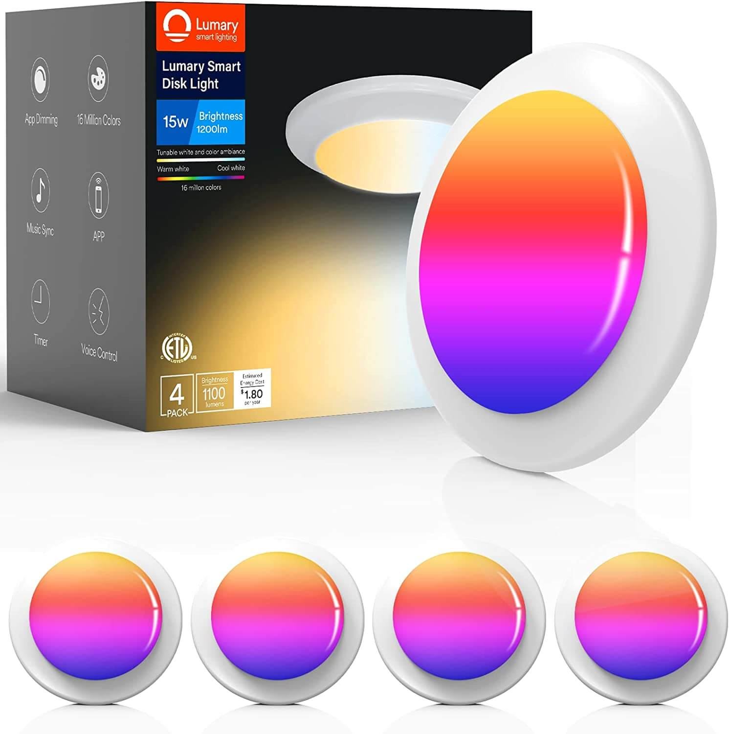 Lumary Smart Disk Lights Color Changing Wifi RGBWW Flush Mount Dimmable ...