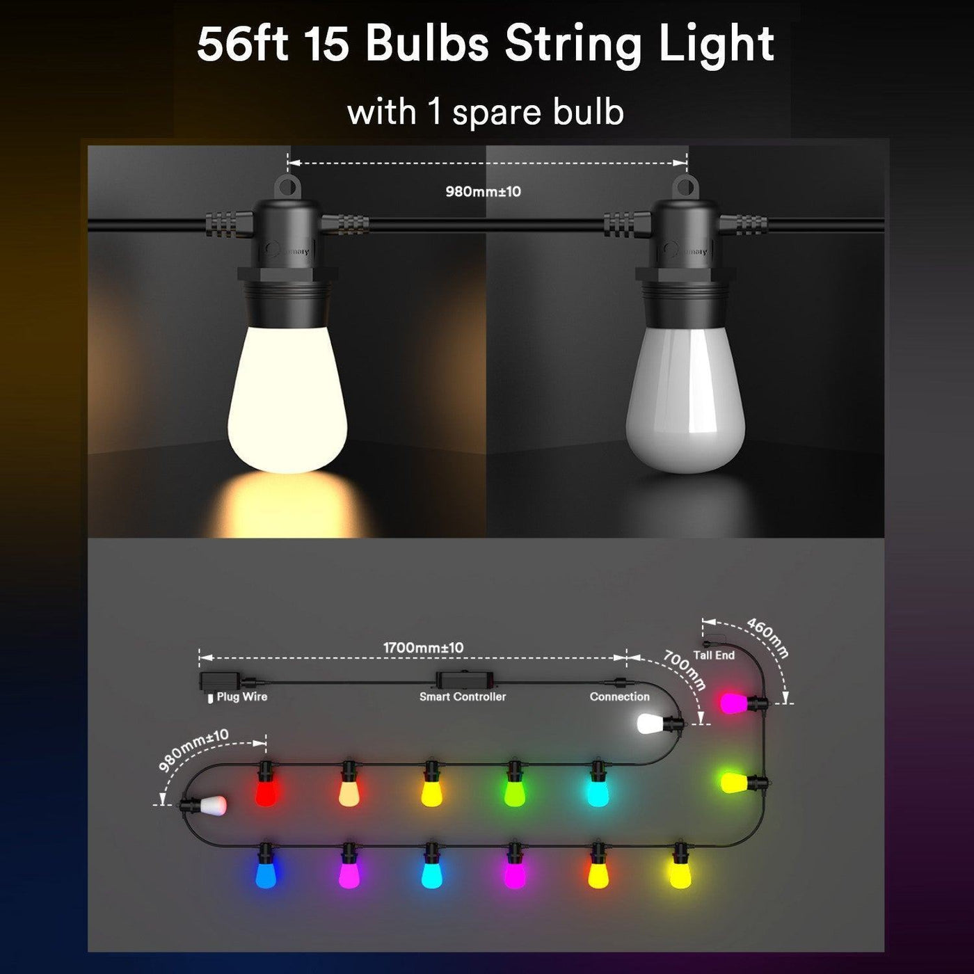 Lumary 16.5m Smart LED Fairy Lights Outdoor RGBAiCW Bulb Fairy Lights with 15+1 Bulbs