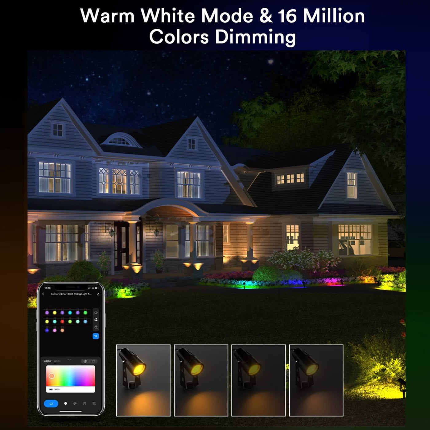 6 RGB LED Landscape Spot Lights Kit with Low Voltage Transformer -  Bluetooth and RF Remote Control